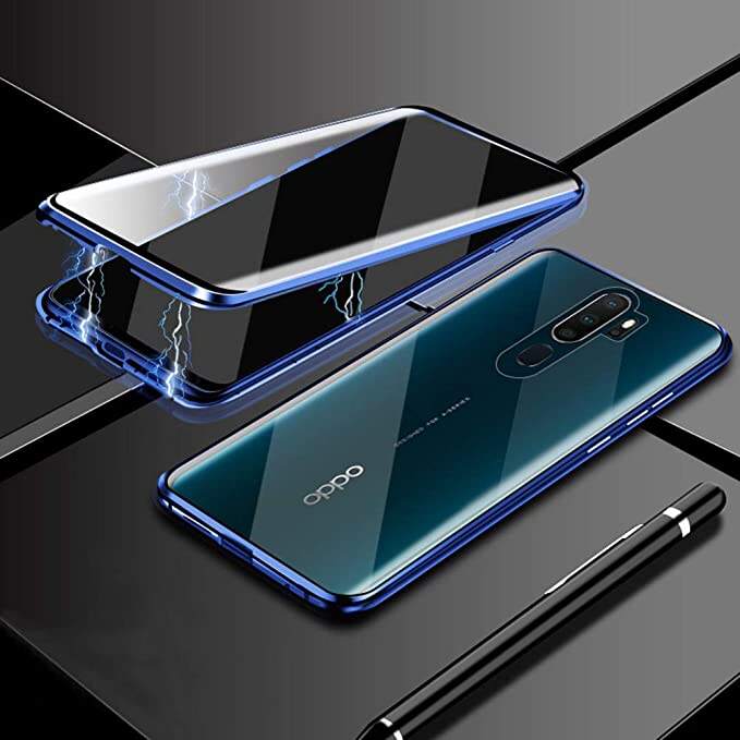 For OPPO A5/A9 Case, Magnetic Adsorption Metal Case Aluminum 9H Tempered Glass Back Cover factory