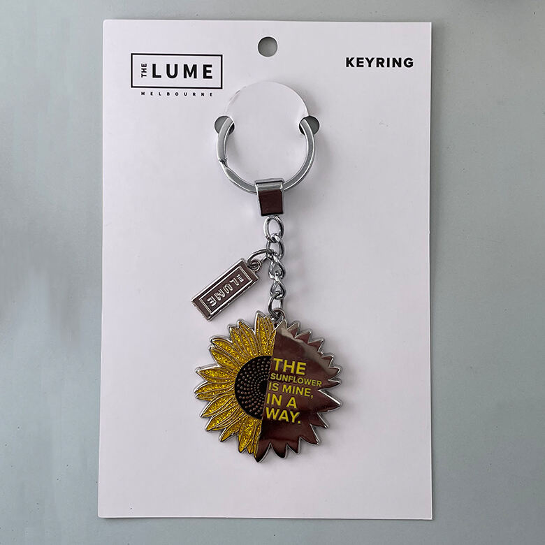 Custom Logo Sunflower Keychain Glitter Metal Keychains with Backing Card details