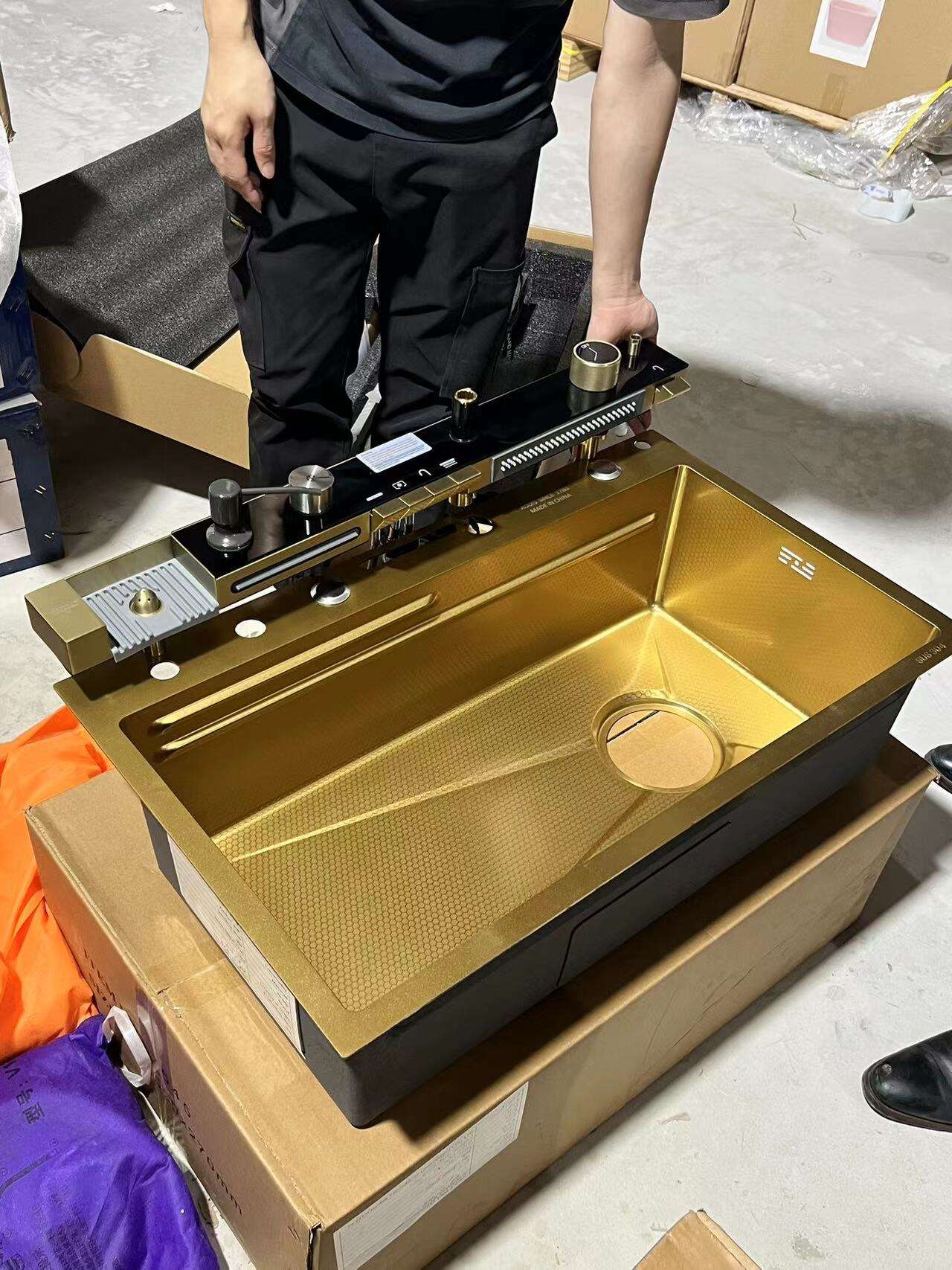 Tiktok New Trend Golden Nano SUS 304  One Piece Automatic Cup Washer Piano Digital Display Two Waterfall Faucet Kitchen Sinks factory