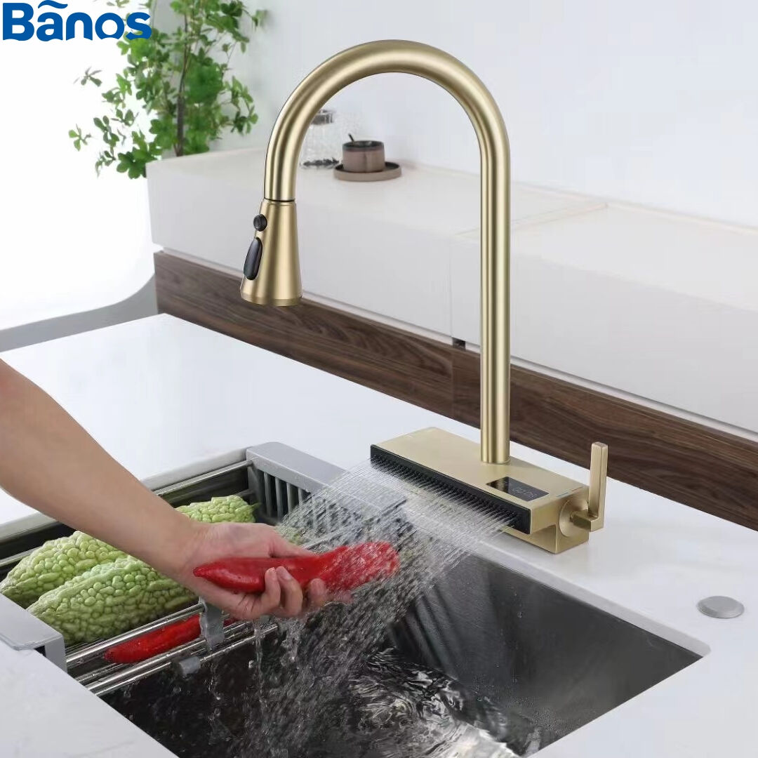 High End Brass Waterfall Household Pull Hydraulic Electrogenerating Digital Display Revolving Pull Out Rainfall  Kitchen  Faucet