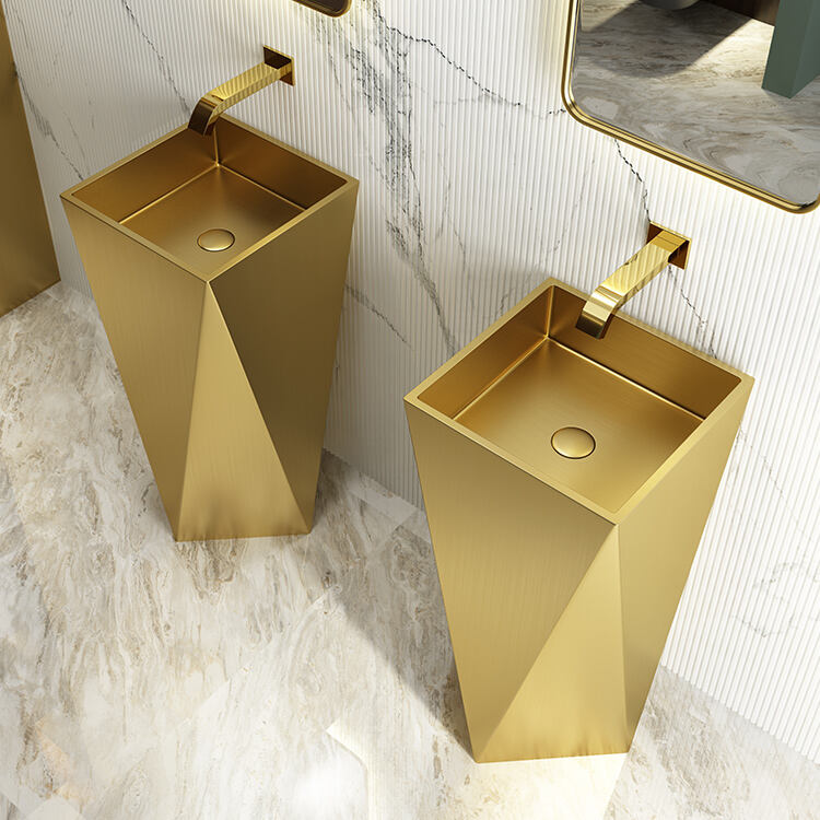 Luxury Bathroom Sink Golden Bathroom Decor Stainless Steel Wash Sink Floor Standing Pedestal Sink factory