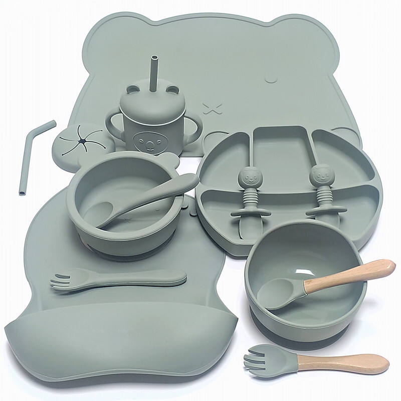 Bear 14-piece infant baby complementary food feeding tableware set silicon children's cartoon glue food grade set factory