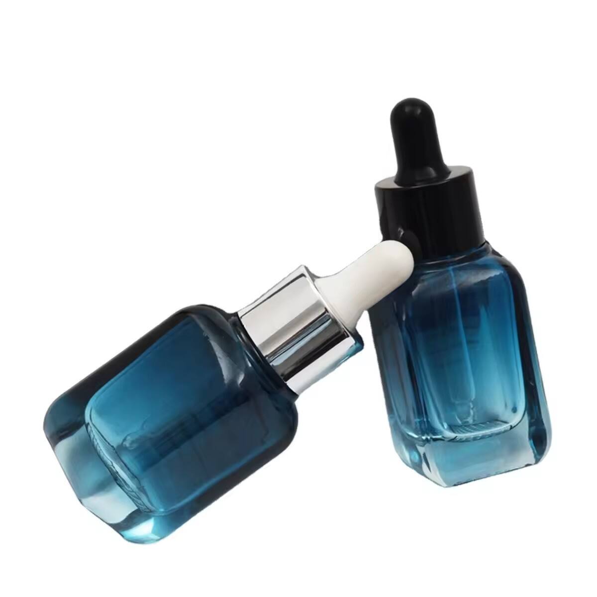 Custom square grid bottom blue gradient cosmetic glass bottles essential oil glass bottle serum packaging glass dropper bottle details