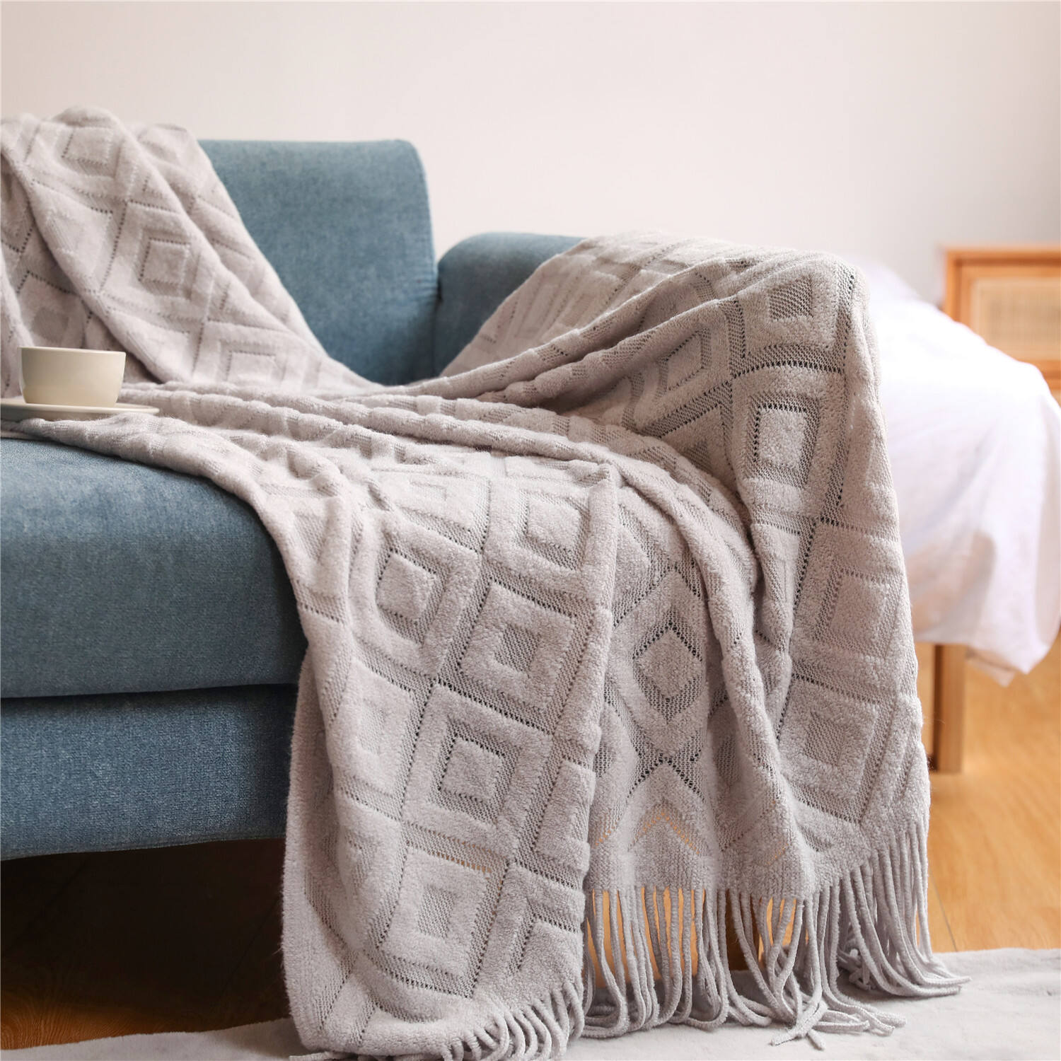 Aoyatex Home Soft Cozy Decorative Crochet Blanket Lightweight Acrylic Knitted Blanket With Tassels Throws And Blankets details