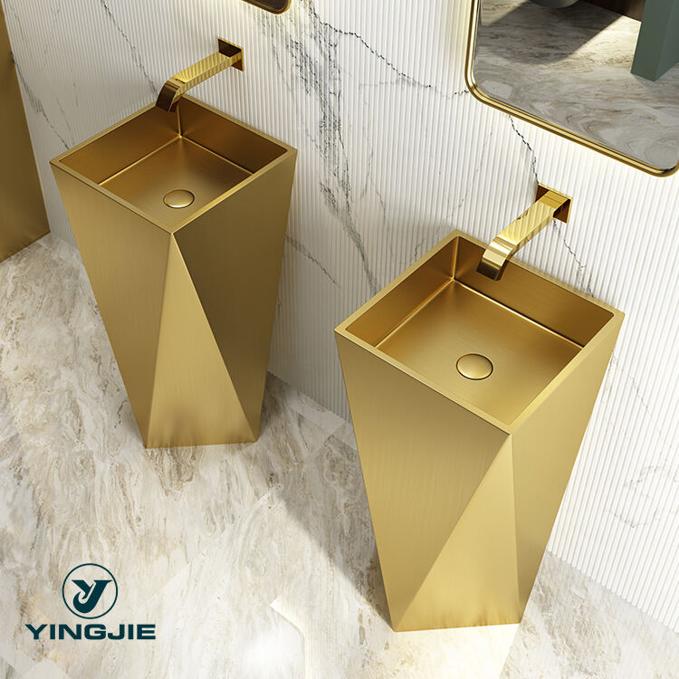 Luxury Bathroom Sink Golden Bathroom Decor Stainless Steel Wash Sink Floor Standing Pedestal Sink manufacture