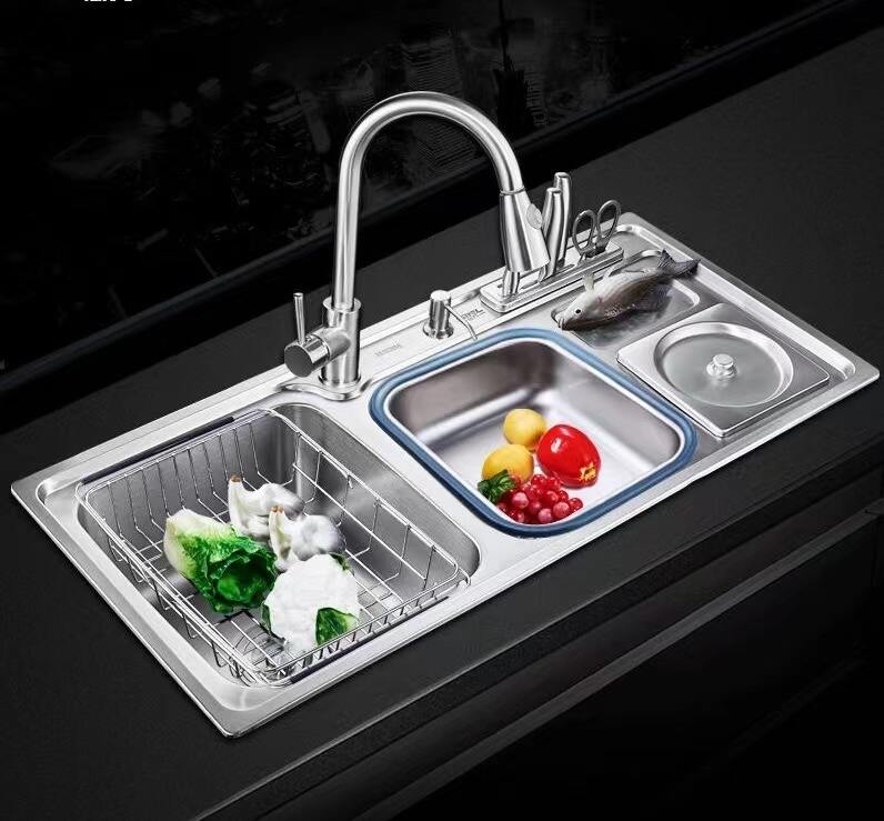 2023 New Multifunctional 304 Stainless Steel 33Inch  Above Counter Kitchen Double Bowl Sink Basin With Trash Can factory