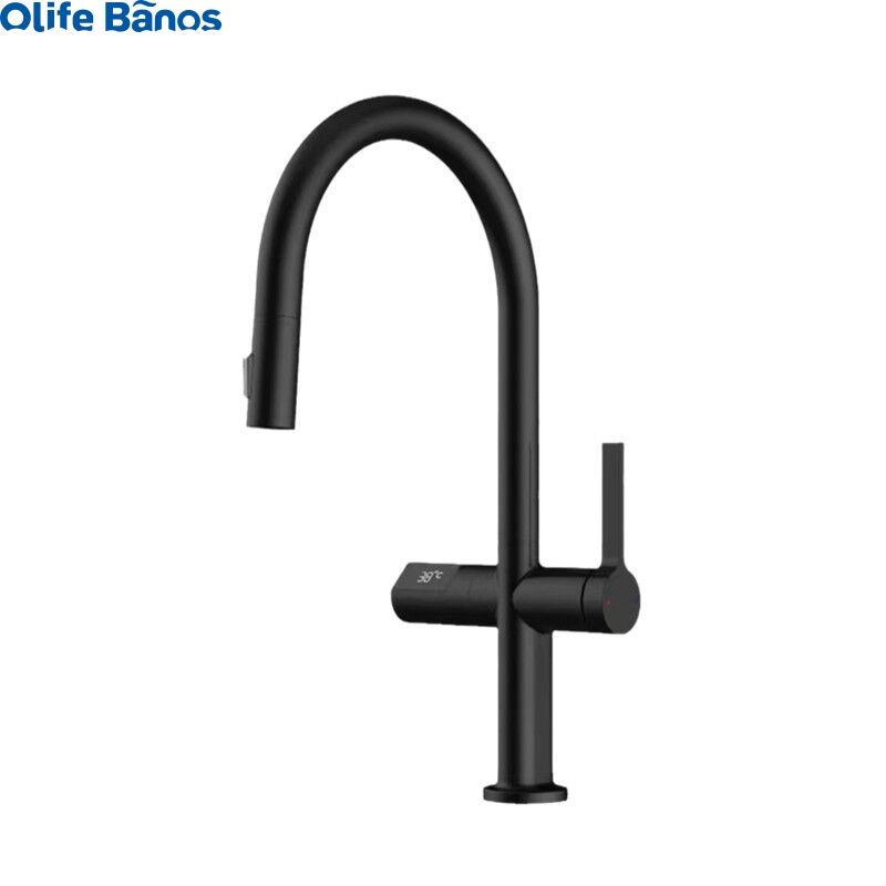 Olife Banos Hot Sale Pull Out  Digital Temperature  Display Hot And Cold Gunmetal  Brass Kitchen Tap Mixer Faucet For Kitchen details