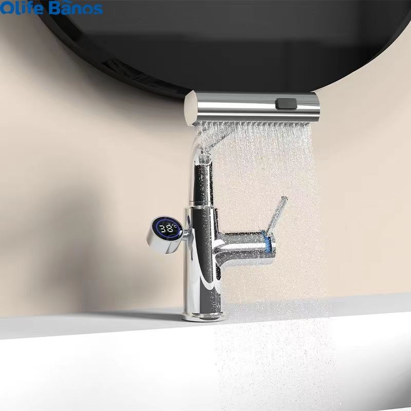 Olifebanos Gun Gray White Digital Display Pull Out Waterfall Rain Fall  Faucet 3 Functions Desk Basin Mixer Tap Faucet manufacture