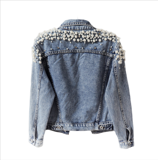 Factory Wholesale Women Pearl Denim Jacket Beaded Pearl Loose And Thin Spring Autumn Short Style Wedding Denim Jacket Supplier factory