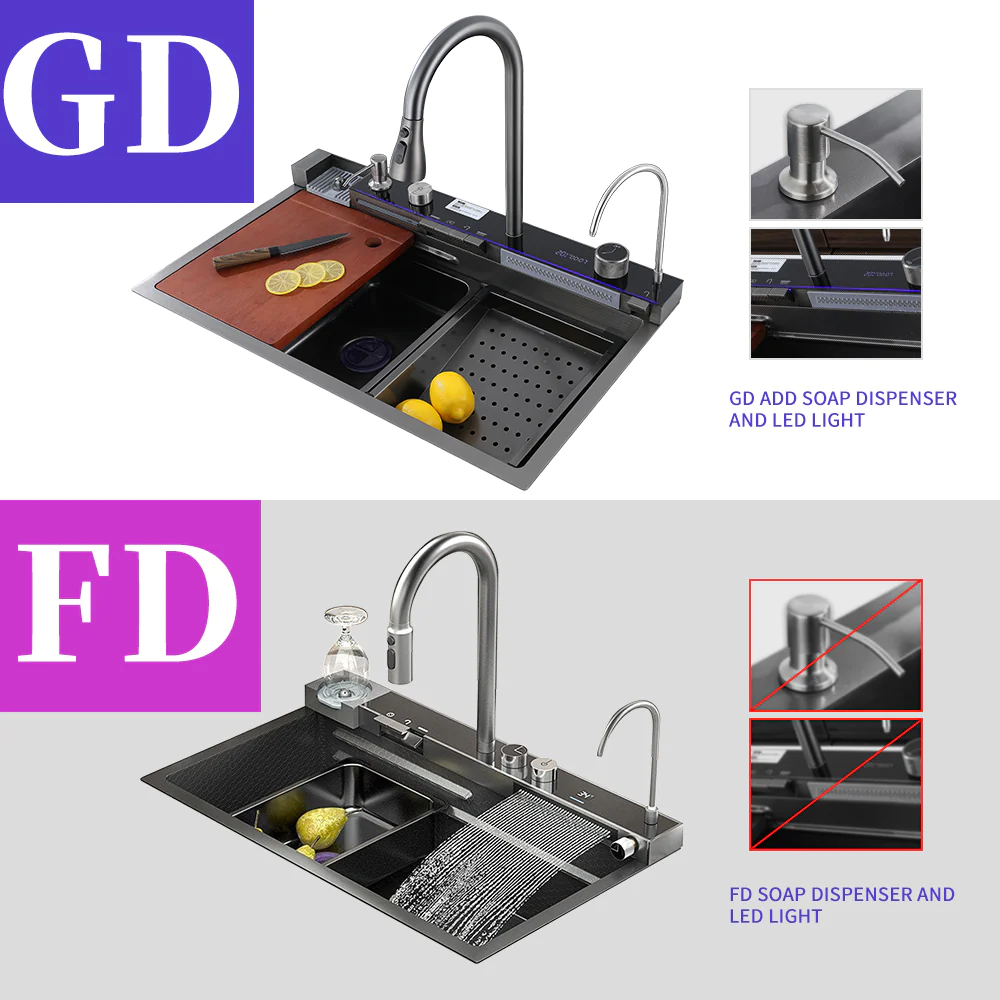 Tiktok  Trend 304 SS One Piece Piano Digital Display Two Waterfall Luminous LED Faucet Kitchen Sink With Honeycomb Surface details