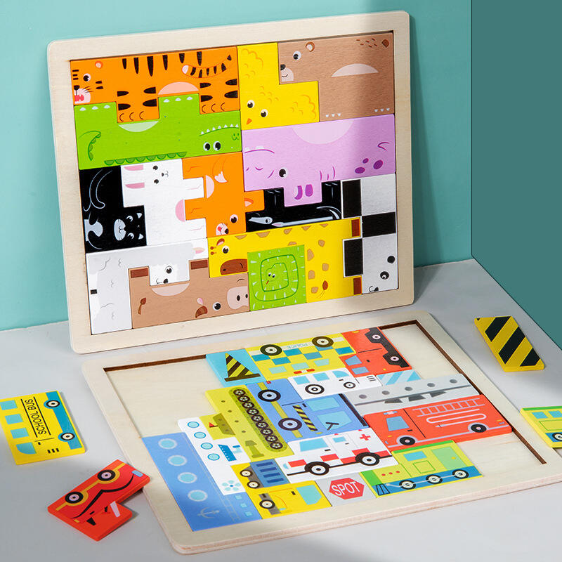 Puzzle en blocs de bois 3D animaux de dessin animé, jouet éducatif t-etris pour enfants, détails en bois pour tout-petits