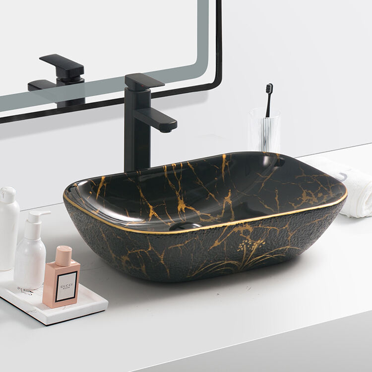 popular design fashion bathroom ceramic hand wash basin black marble for hotel manufacture