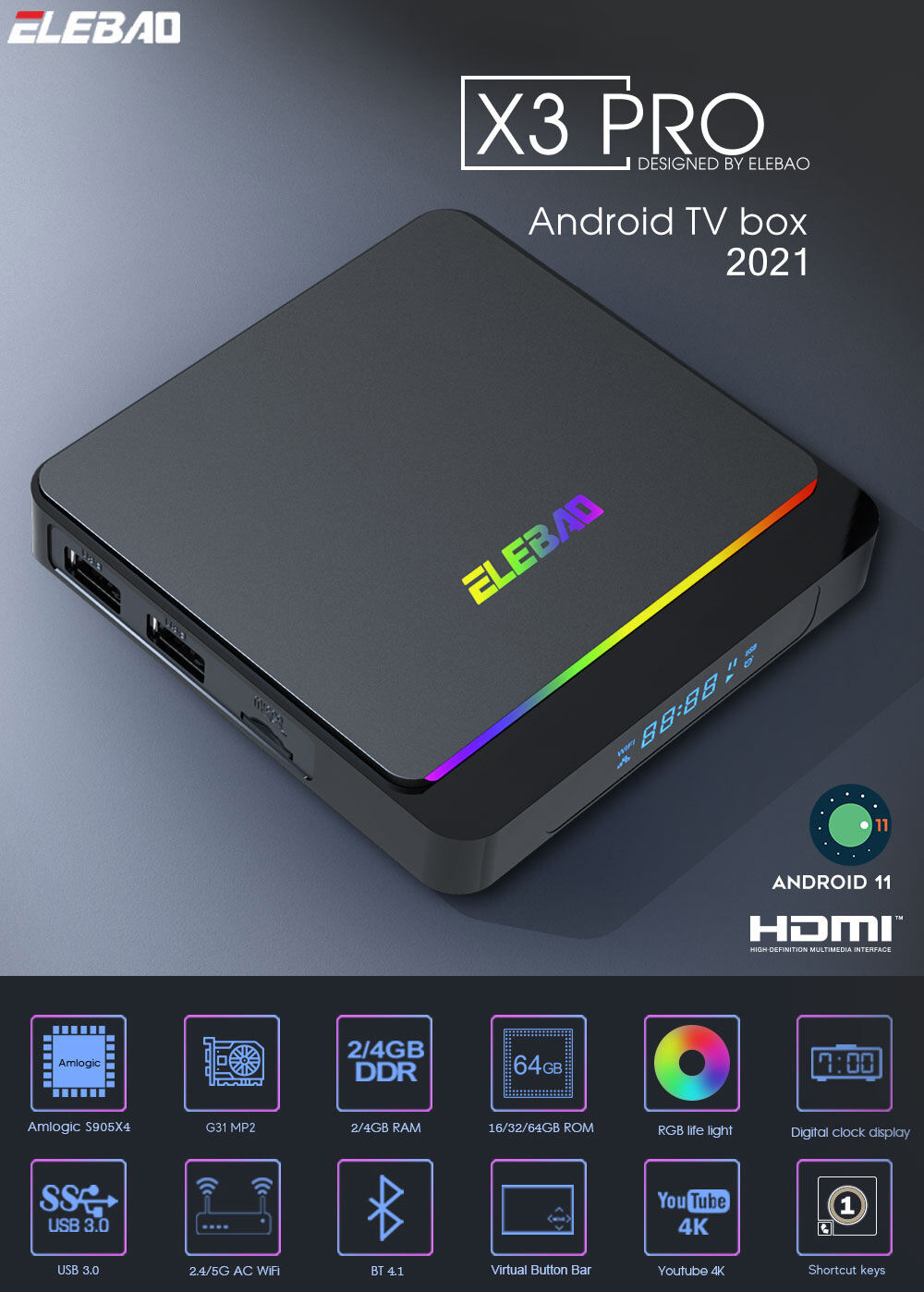 Patent design Android 11 S905X4 2.4/5G dual band wifi 8K AV1 decode with Dynamic RGB light smart tv box manufacture