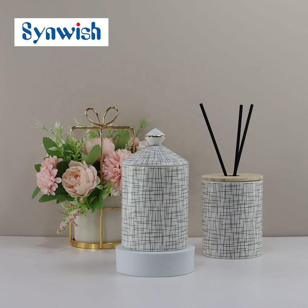 Design Empty White Luxury Embossed Ceramic Candle Jars Containers With Metal Swan Lid Unique Ceramic Reed Diffuser Vessels factory