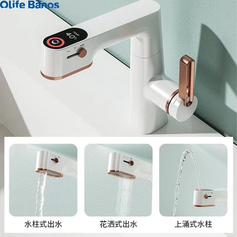 Olifebanos 3 Mode White Gunmetal Gold Rotating Spout Bathroom Faucet Temperature Display Bathroom Pull Out Faucet factory