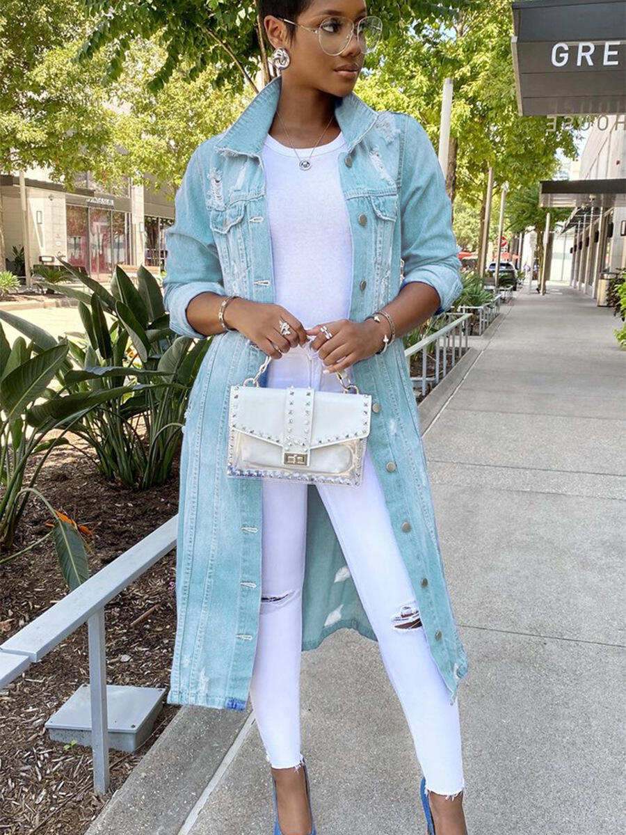 Denim Jacket Women's Solid Color Tassel Breasted Ripped Hole Long Denim Trench Coat details