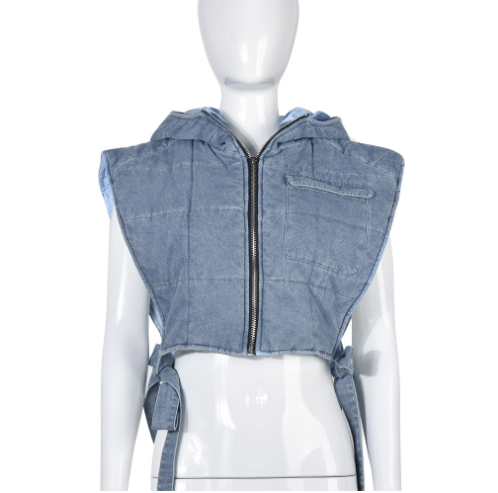 Vintage Hooded Puffer Denim Vest Coat Jacket Women2023 Streetwear Side Slit Bandage Cargo Short Jeans Denim Vest With Hooded supplier