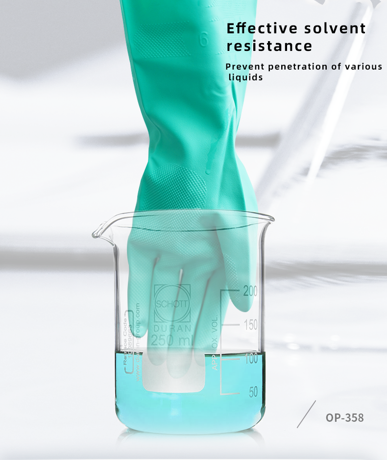 OP-358 15 mil nitrile solvent-resistant work gloves flocked cotton/nitrile rubber green solvent-resistant work gloves factory