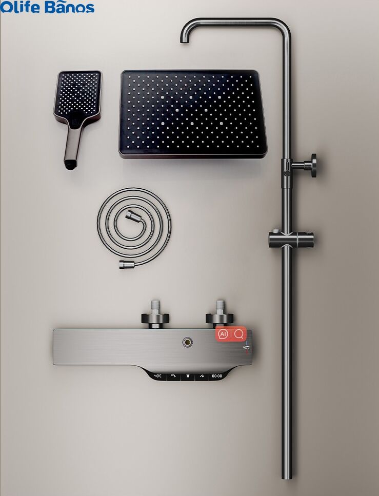 Olife Banos  tiktok  design bathroom gunmetal piano key digital led  waterfall rainfall shower head faucet hot cold shower set factory