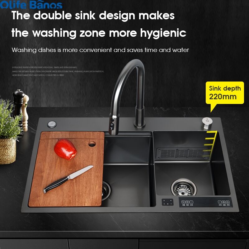 Nanometer Smart Digital Kitchen Sink Large Size Handmade Step Intelligent Ultrasonic Hydro Purifying Kitchen Island Sinks details