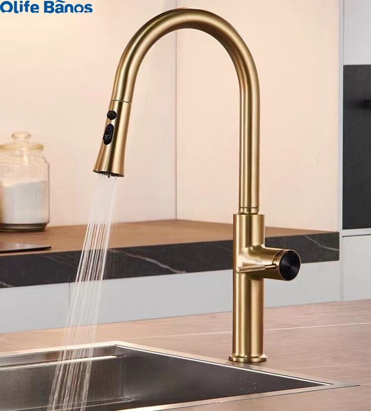 2023 Kitchen pull-out telescopic faucet hot and cold water tank mixing valve black gold kitchen faucet with broom head details