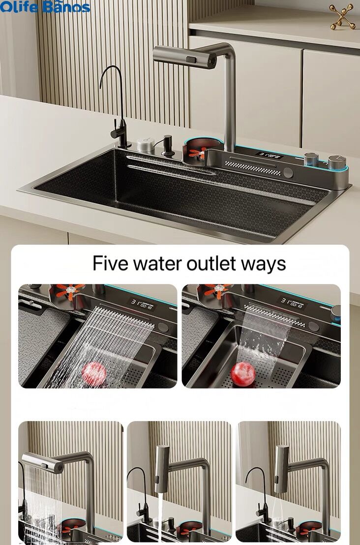 Olife Banos Tiktok Trends Smart Digital Display Mmbient Lighting Waterfall Faucet Honeycomb Automatic Glass Rinser  Kitchen Sink manufacture