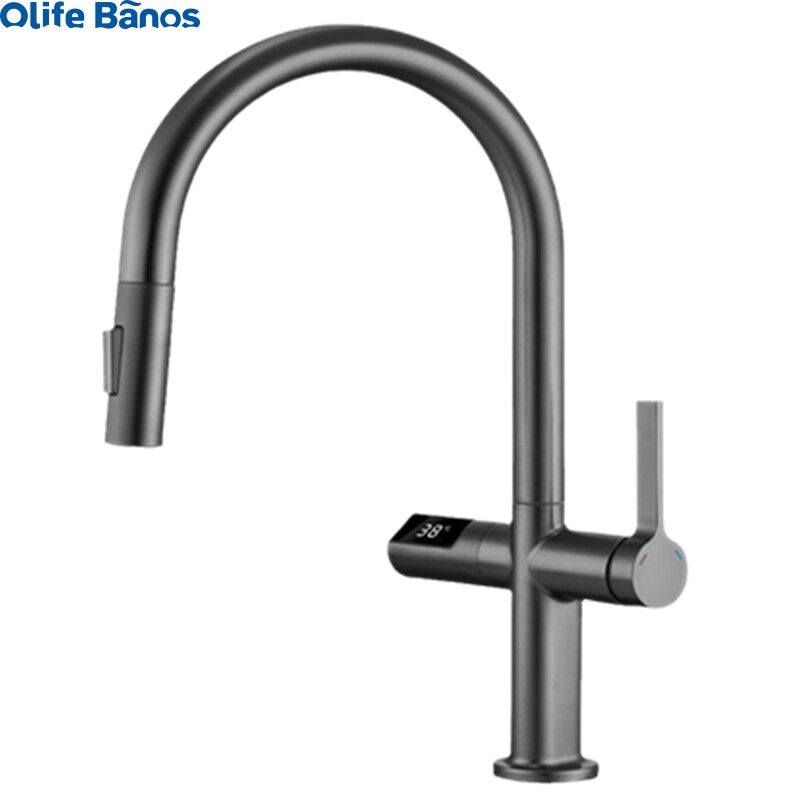 Olife Banos Hot Sale Pull Out  Digital Temperature  Display Hot And Cold Gunmetal  Brass Kitchen Tap Mixer Faucet For Kitchen details