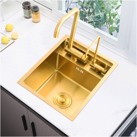 Hidden Brushed Gold Kitchen Sink Single Bowl Bar Small Size Stainless Steel Balcony Sink