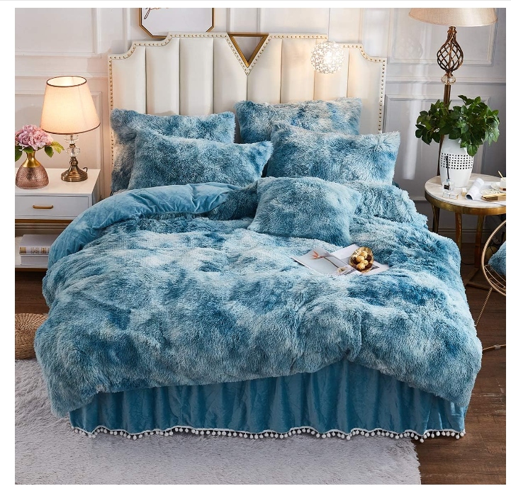 High quality faux fur plush puffy duvet set Tie-dye sand brown zipper color plush velvet quilt bedding set supplier