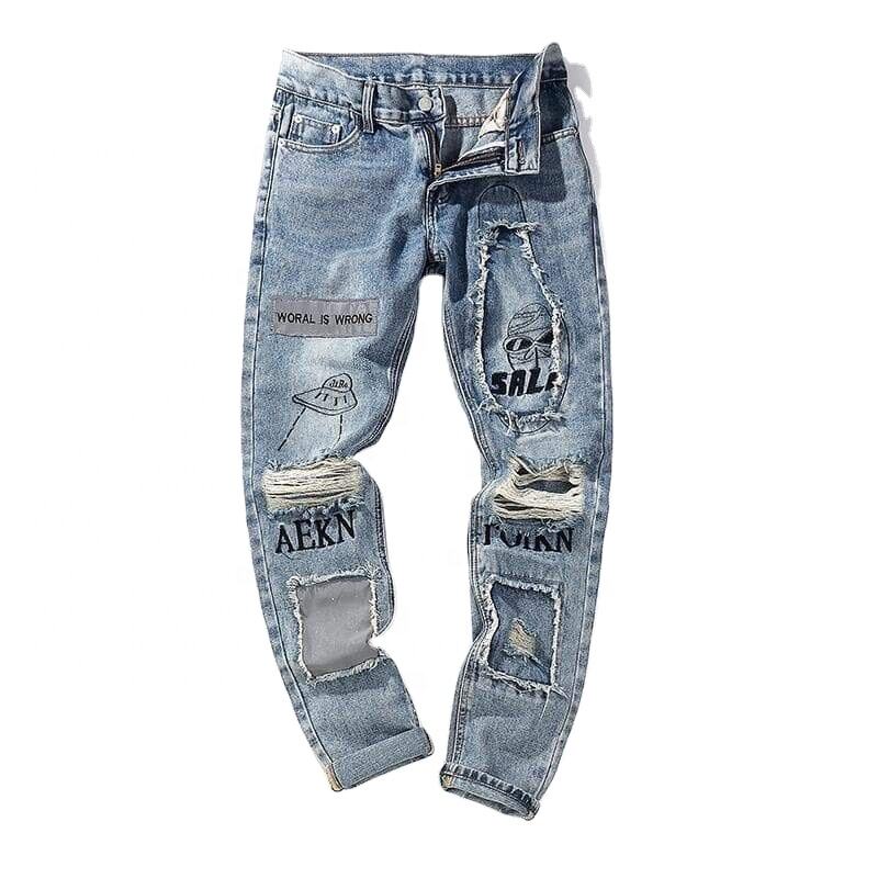 DiZNEW OEM washed ripped jeans slim men's fashion jeans