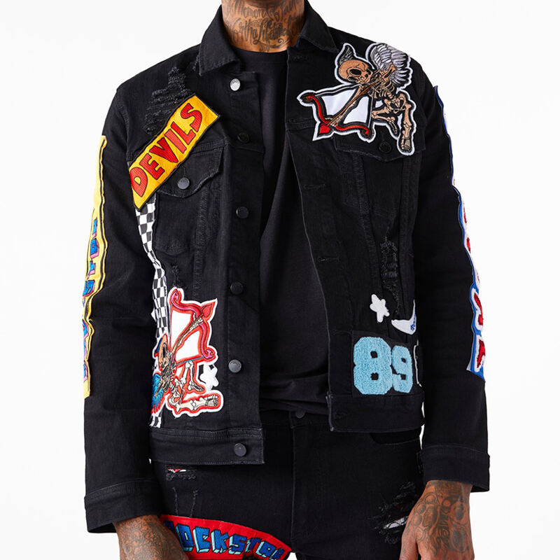 DiZNEW Customize Your Own Brand Logo Design Patch Embroidered Black varsity/letterman Denim Jacket details