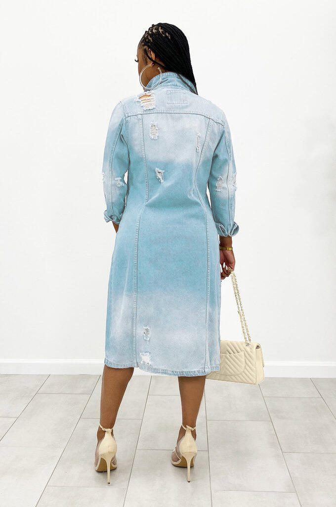 Denim Jacket Women's Solid Color Tassel Breasted Ripped Hole Long Denim Trench Coat factory