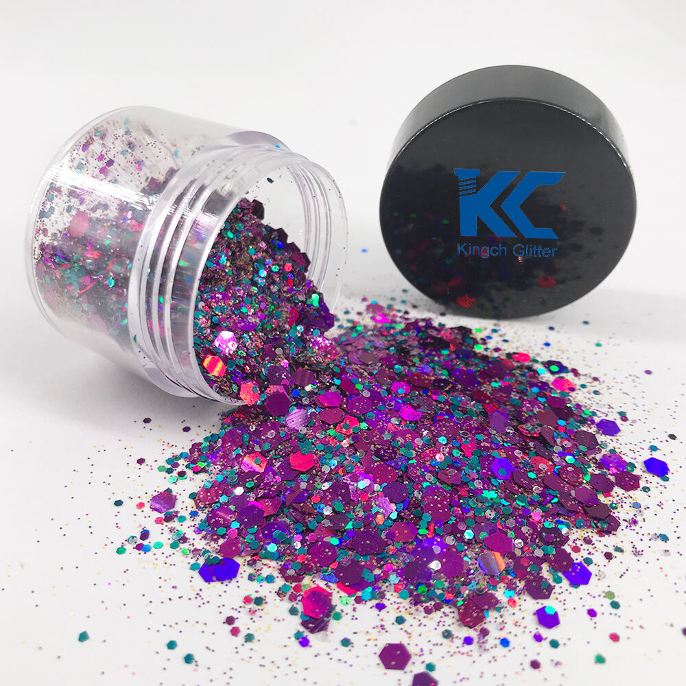 Solvent Resistant Violet Holographic Chunky Glitter Large 10G Jar for Festival Face Eye Body Leather Crafts factory