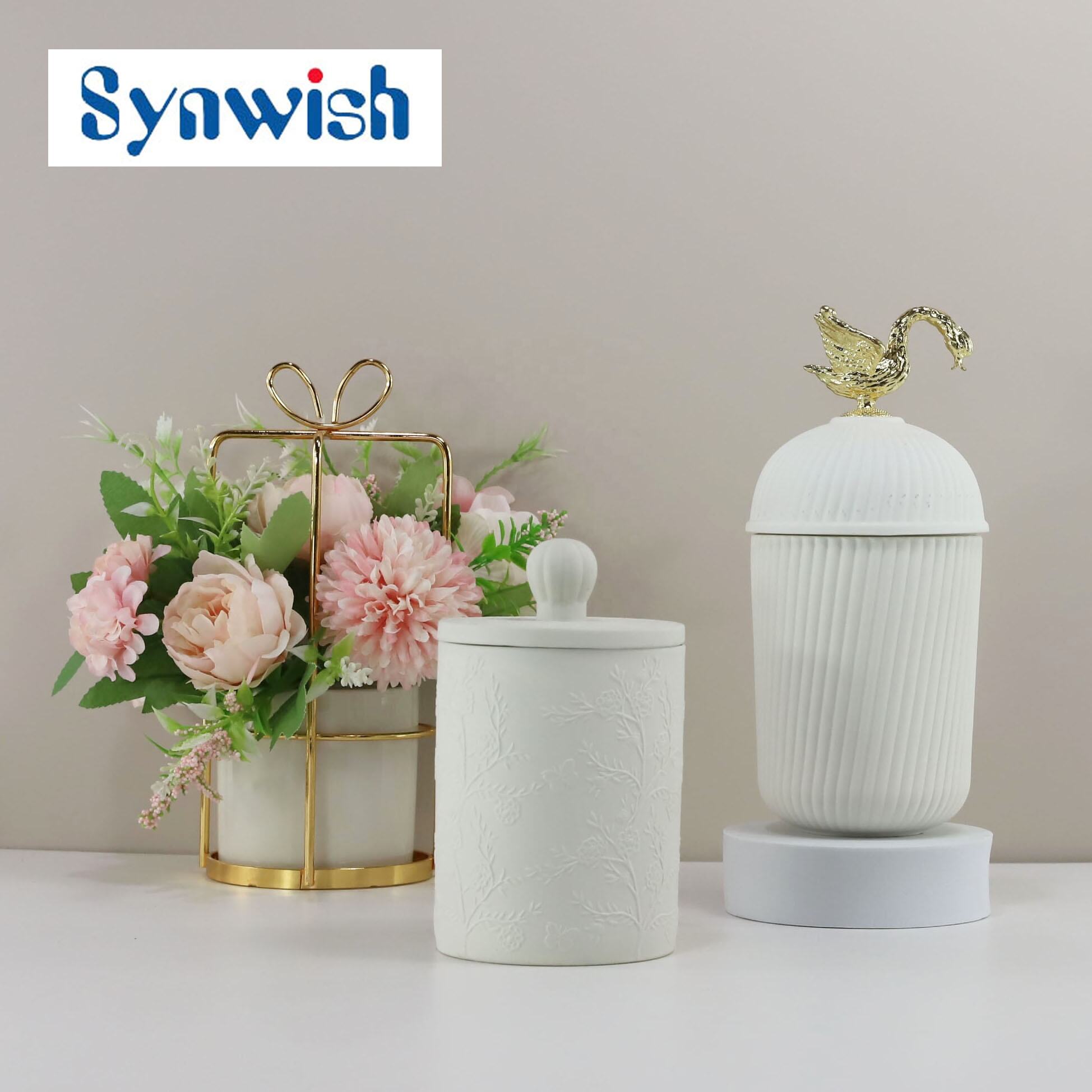 Design Empty White Luxury Embossed Ceramic Candle Jars Containers With Metal Swan Lid Unique Ceramic Reed Diffuser Vessels factory