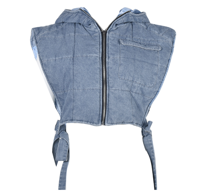 Vintage Hooded Puffer Denim Vest Coat Jacket Women2023 Streetwear Side Slit Bandage Cargo Short Jeans Denim Vest With Hooded details