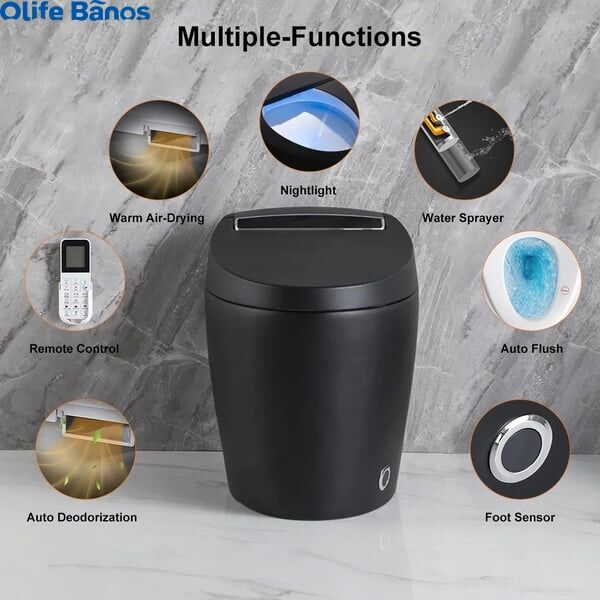 Olife Banos Waterproof Modern Black Smart One-Piece 1.28 GPF Elongated Automatic Toilet  Bidet with Seat details