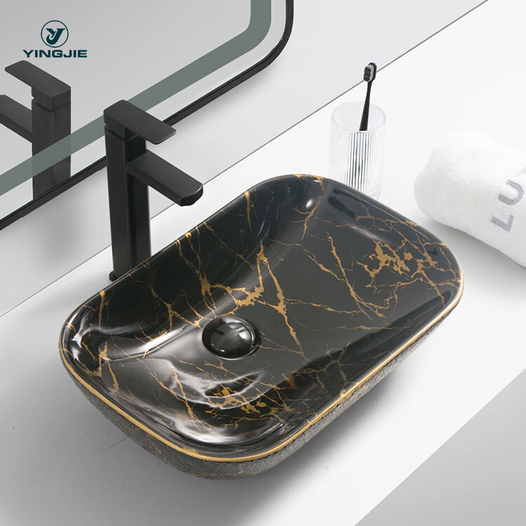 popular design fashion bathroom ceramic hand wash basin black marble for hotel factory