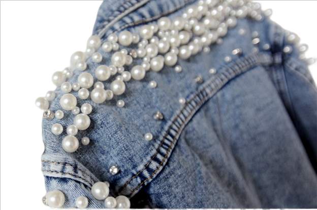 Factory Wholesale Women Pearl Denim Jacket Beaded Pearl Loose And Thin Spring Autumn Short Style Wedding Denim Jacket Supplier supplier