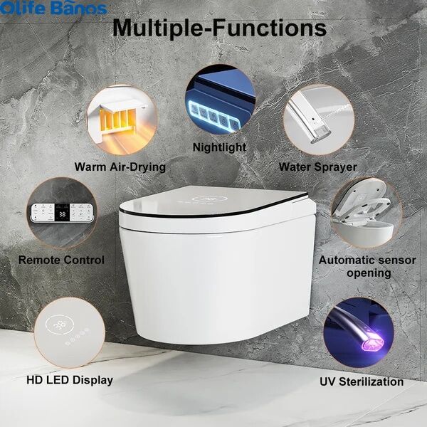 Olife Banos Waterproof Modern Smart One-Piece Wall-Mounted Elongated Automatic Toilet and Bidet with Seat details