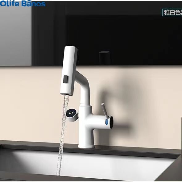 Olifebanos Gun Gray White Digital Display Pull Out Waterfall Rain Fall  Faucet 3 Functions Desk Basin Mixer Tap Faucet details