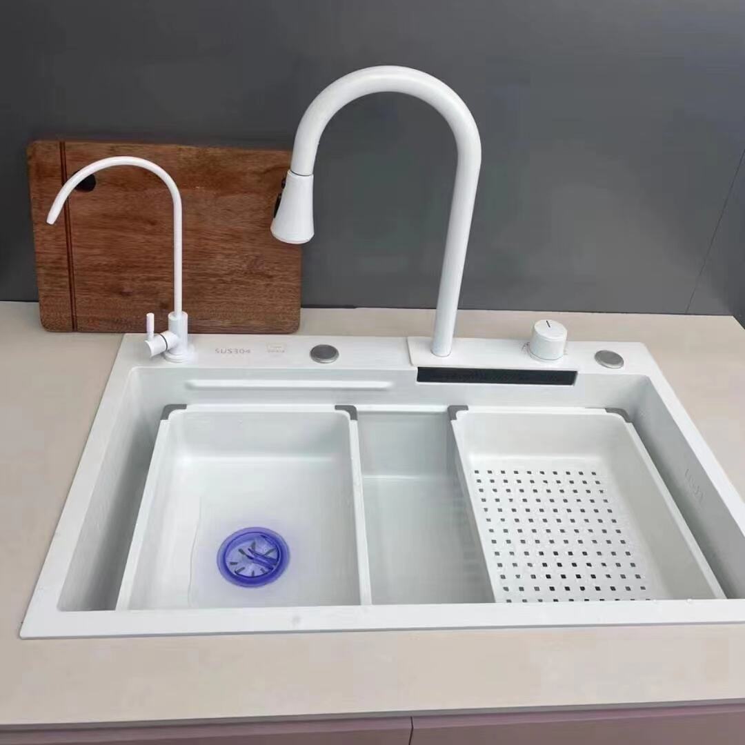 Pre Sale White  Stainless Steel Sink  Waterfall Rain Dance Faucet Large Single Bowl Kitchen Basin Lavabo Sink manufacture